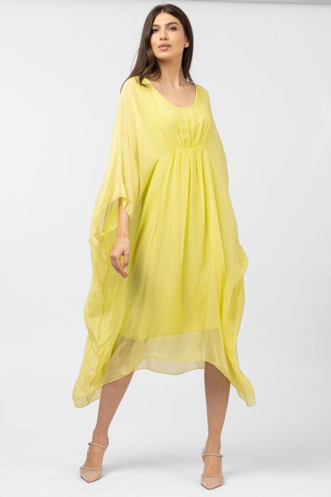 Rochie galbena, lunga, ampla, din matase si vascoza, cu detaliu sub bust, in colturi [2]