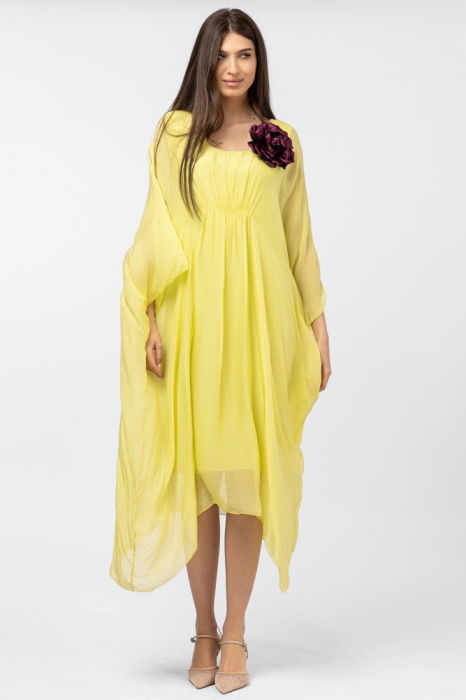 Rochie galbena, lunga, ampla, din matase si vascoza, cu detaliu sub bust, in colturi [4]