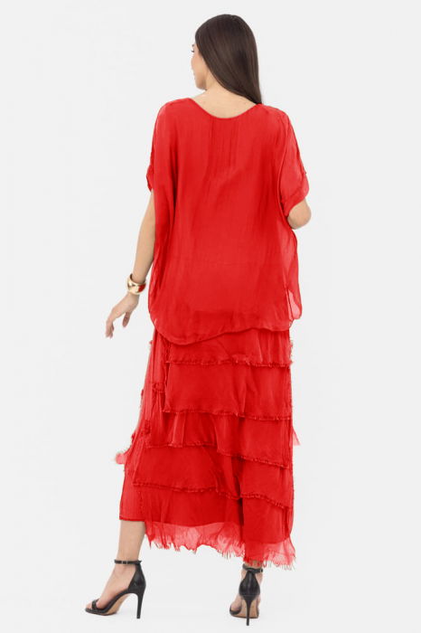 Rochie rosie din matase si vascoza cu  volane franjurate suprapuse [3]