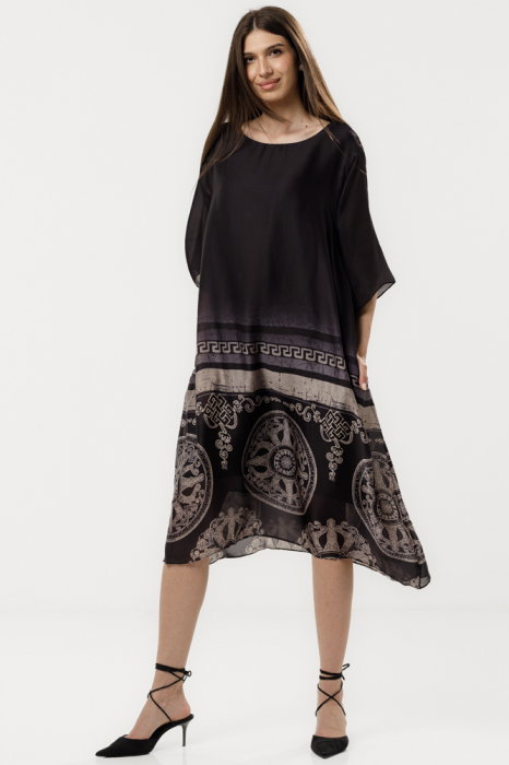 Rochie eleganta satinata A-line cu imprimeu baroc si croi lejer elegant, alb-negru