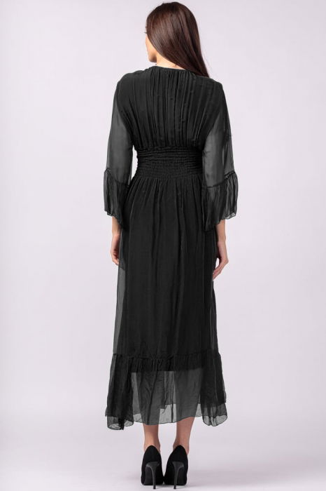 Rochie neagra din matase si vascoza cu banda elastica in talie si volane [3]