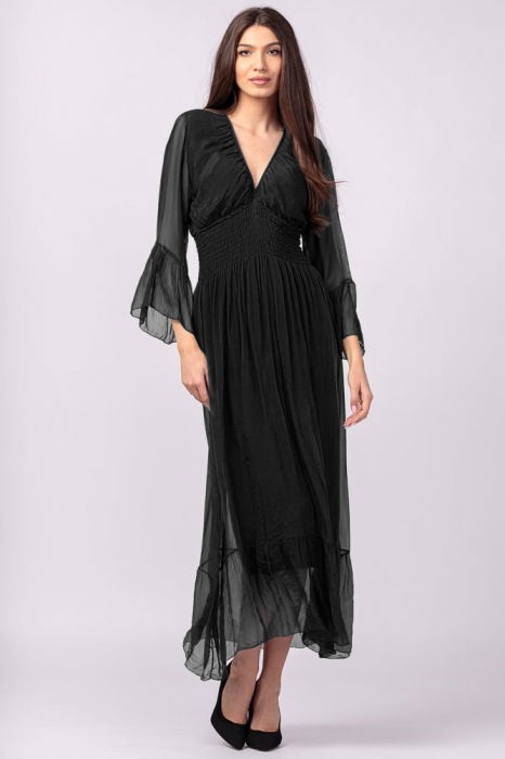 Rochie neagra din matase si vascoza cu banda elastica in talie si volane