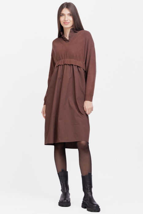 Rochie camasa din poplin de bumbac cu pulover angora, maro [2]