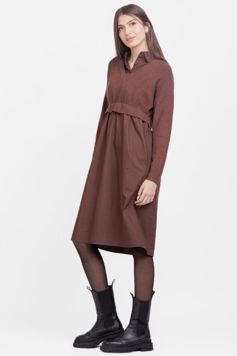Rochie camasa din poplin de bumbac cu pulover angora, maro [3]