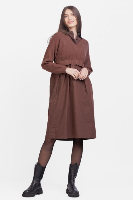 Rochie camasa din poplin de bumbac cu pulover angora, maro [1]
