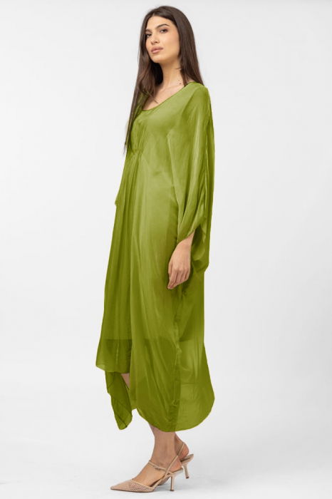 Rochie verde oliv in colturi, lunga, ampla, din matase si vascoza, cu detaliu sub bust [2]