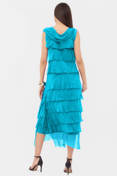 Rochie albatru azur din matase si vascoza cu  volane franjurate suprapuse, fara maneci [3]