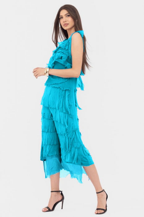 Rochie albatru azur din matase si vascoza cu  volane franjurate suprapuse, fara maneci [2]