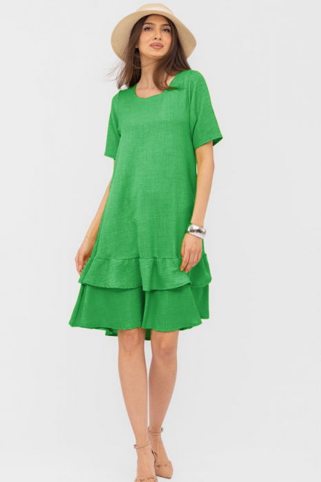 Rochie verde `A line` midi, cu doua volane poale, din in mercerizat [2]