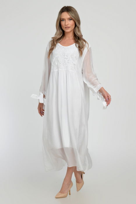 Rochie alba lunga, din matase si vascoza cu platca din dantela pe fata si pe spate [10]