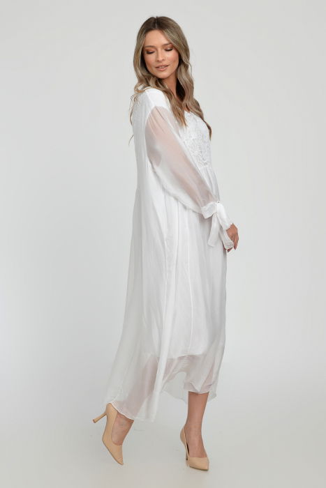 Rochie alba lunga, din matase si vascoza cu platca din dantela pe fata si pe spate [11]