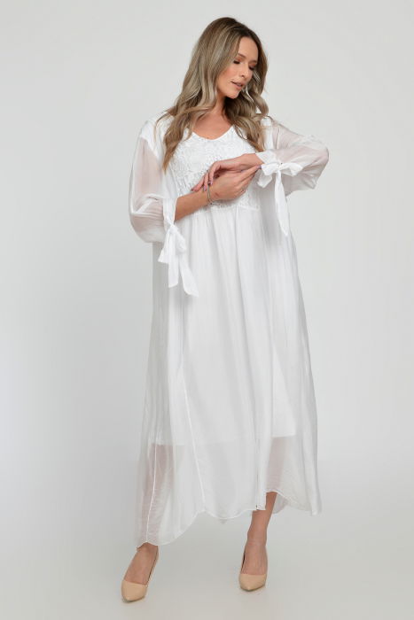 Rochie alba lunga, din matase si vascoza cu platca din dantela pe fata si pe spate [9]