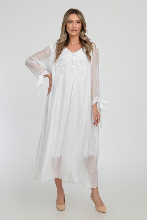 Rochie alba lunga, din matase si vascoza cu platca din dantela pe fata si pe spate [8]