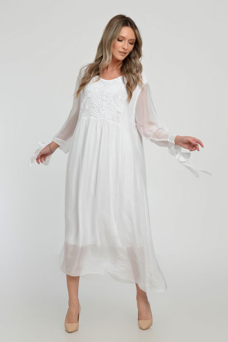 Rochie alba lunga, din matase si vascoza cu platca din dantela pe fata si pe spate [5]