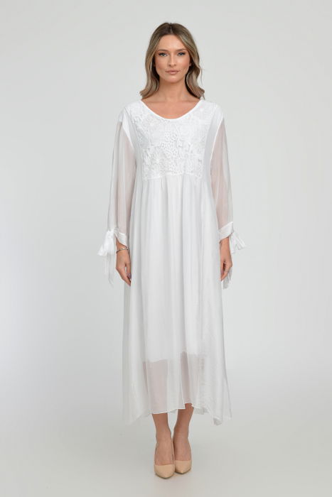 Rochie alba lunga, din matase si vascoza cu platca din dantela pe fata si pe spate [6]