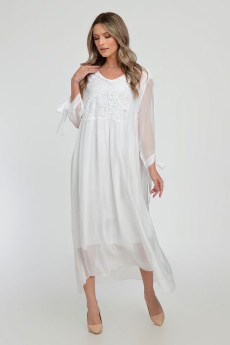 Rochie alba lunga, din matase si vascoza cu platca din dantela pe fata si pe spate [2]
