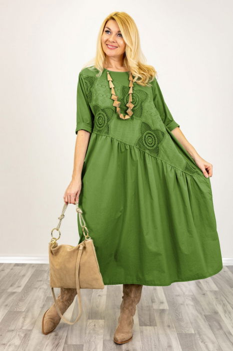 Rochie verde olive cu taietura oblica si broderie, din poplin si jerseu, oversize [2]