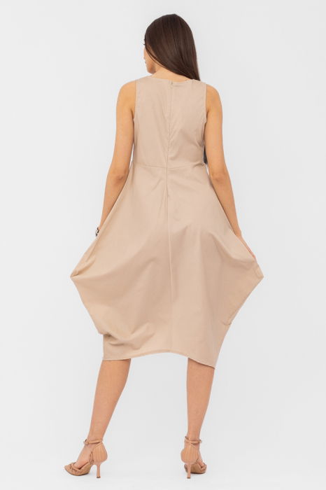 Rochie din poplin de bumbac petrecuta, cu colturi laterale, bej [4]