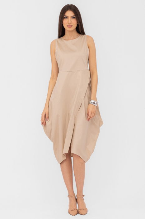 Rochie din poplin de bumbac petrecuta, cu colturi laterale, bej [2]