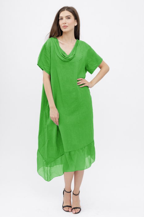 Rochie verde deschis usor asimetrica A-line, din in cu guler si volan din matase, oversize