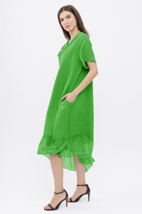 Rochie verde deschis usor asimetrica A-line, din in cu guler si volan din matase, oversize [2]