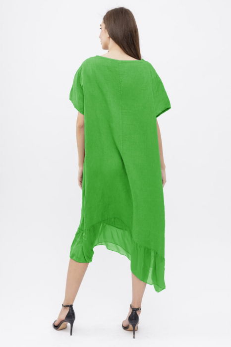 Rochie verde deschis usor asimetrica A-line, din in cu guler si volan din matase, oversize [3]