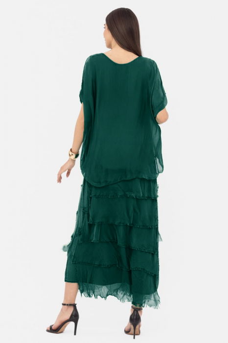 Rochie verde inchis din matase si vascoza cu  volane franjurate suprapuse [3]