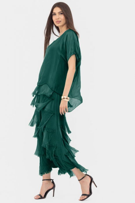 Rochie verde inchis din matase si vascoza cu  volane franjurate suprapuse [2]