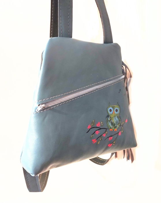 Rucsac albastru din piele naturala cu bufnita pictata