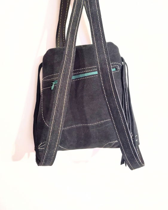 Rucsac pictat bleumarin din piele naturala, cu bufnita si soare [2]