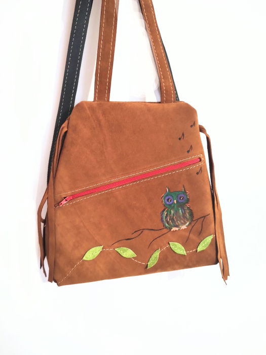 Rucsac din piele naturala camel ,cu  bufniță multicolora pictata [2]