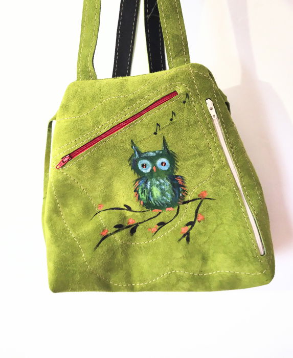 Rucsac din piele naturala olive ,cu bufnita pictata manual