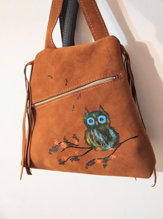 Rucsac din piele naturala camel ,cu bufniță [2]