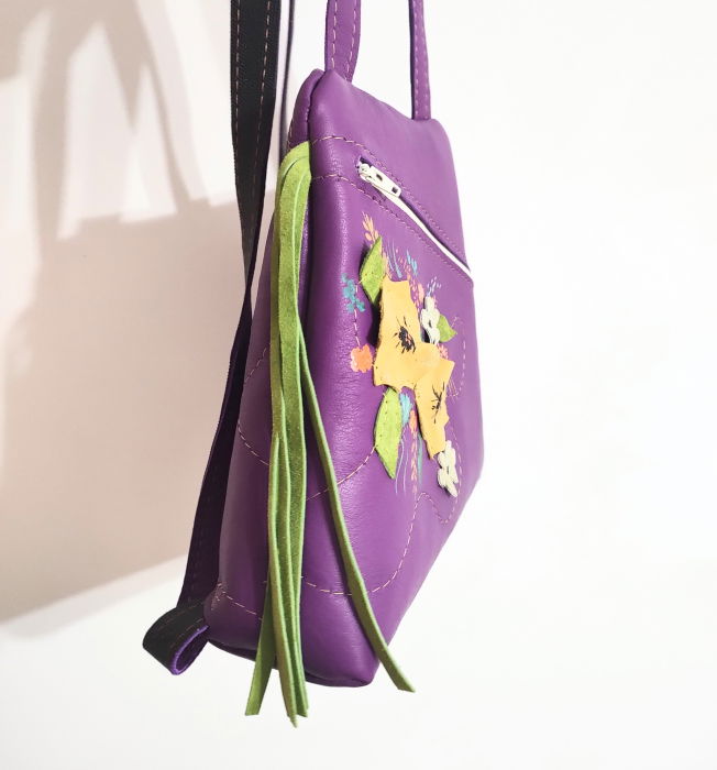 Rucsac mov din piele naturală , cu motiv floral,unicat [3]