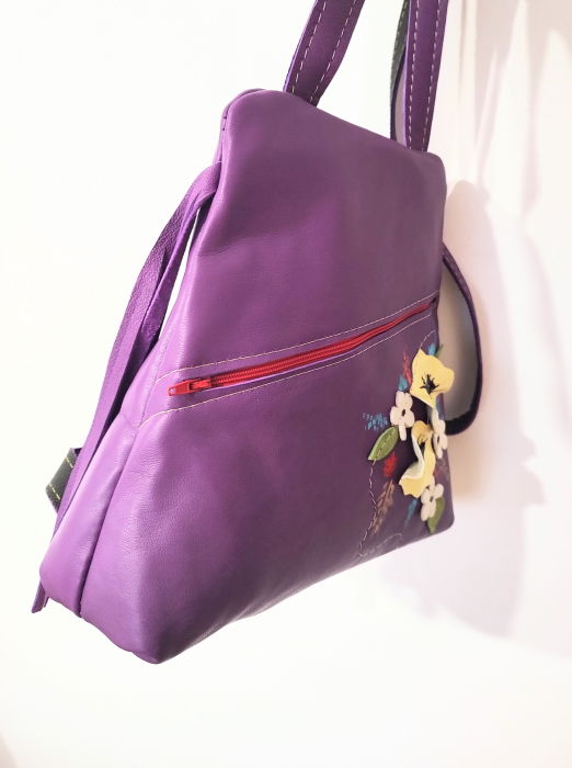 Rucsac mov din piele naturală , Floral,unicat [2]