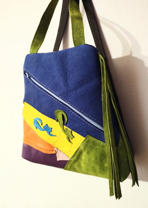 Rucsac multicolor ,din piele naturala ,cu pisicute colorate, unicat