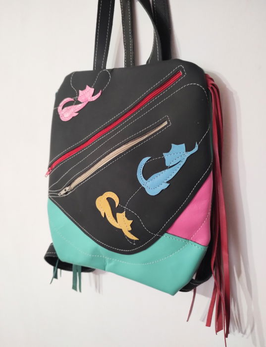 Rucsac multicolor ,din piele naturala ,cu pisicute colorate, unicat