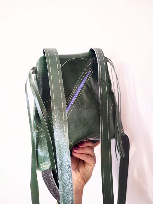 Rucsac verde smarald din piele naturală,cu pian și trandafir [2]