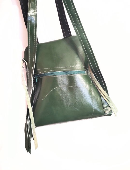 Rucsac verde smarald din piele naturală,cu pian și mac roșu [3]