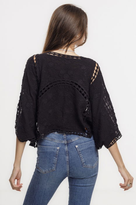 Cardigan lejer din bumbac, cu broderie sparta tip dantela, negru [4]