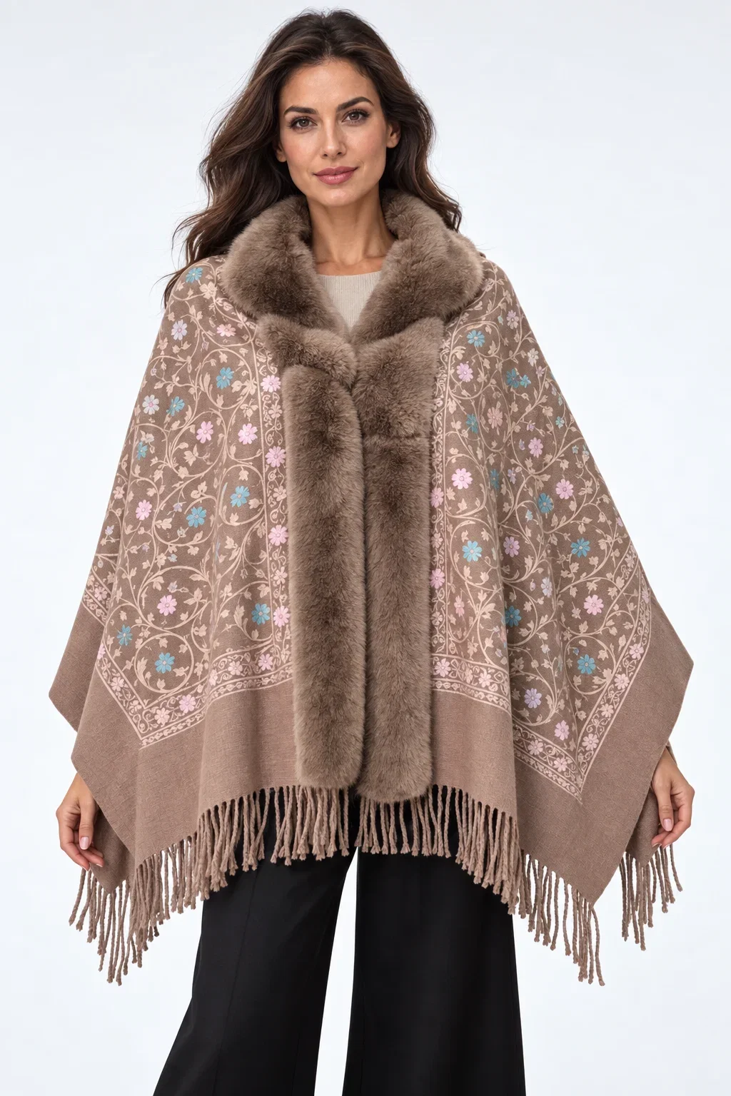 Sal elegant tip poncho cu lana, broderie florala multicolora si bordura din blanita artificiala, taupe