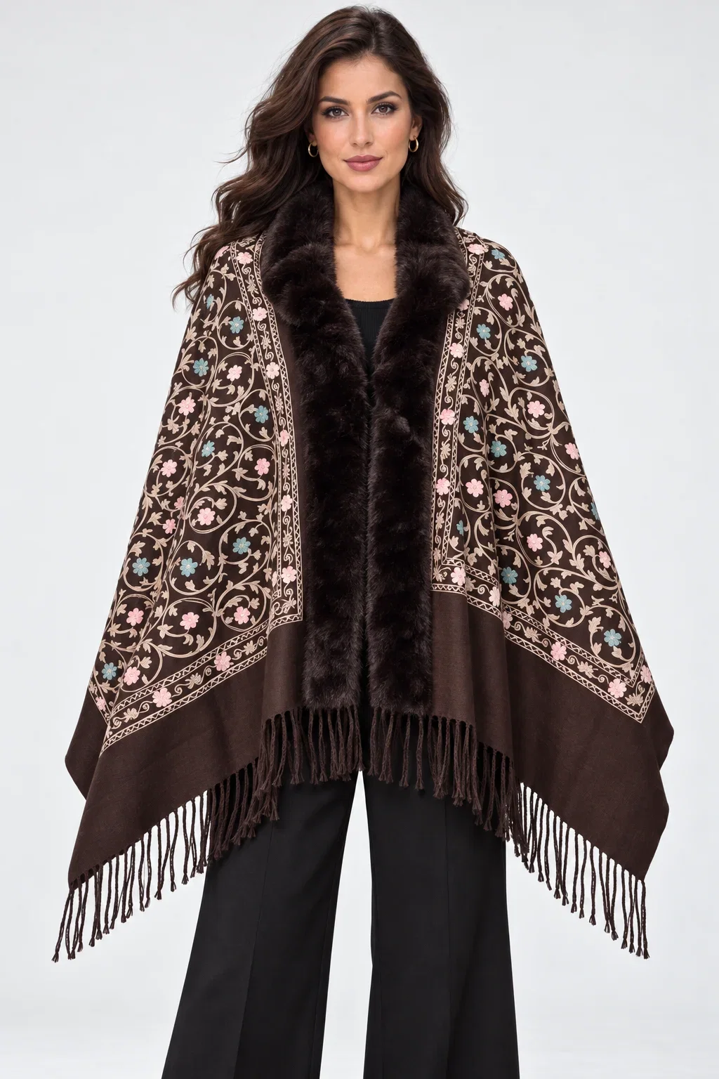 Sal elegant tip poncho cu lana, broderie florala multicolora si bordura din blanita artificiala, maro