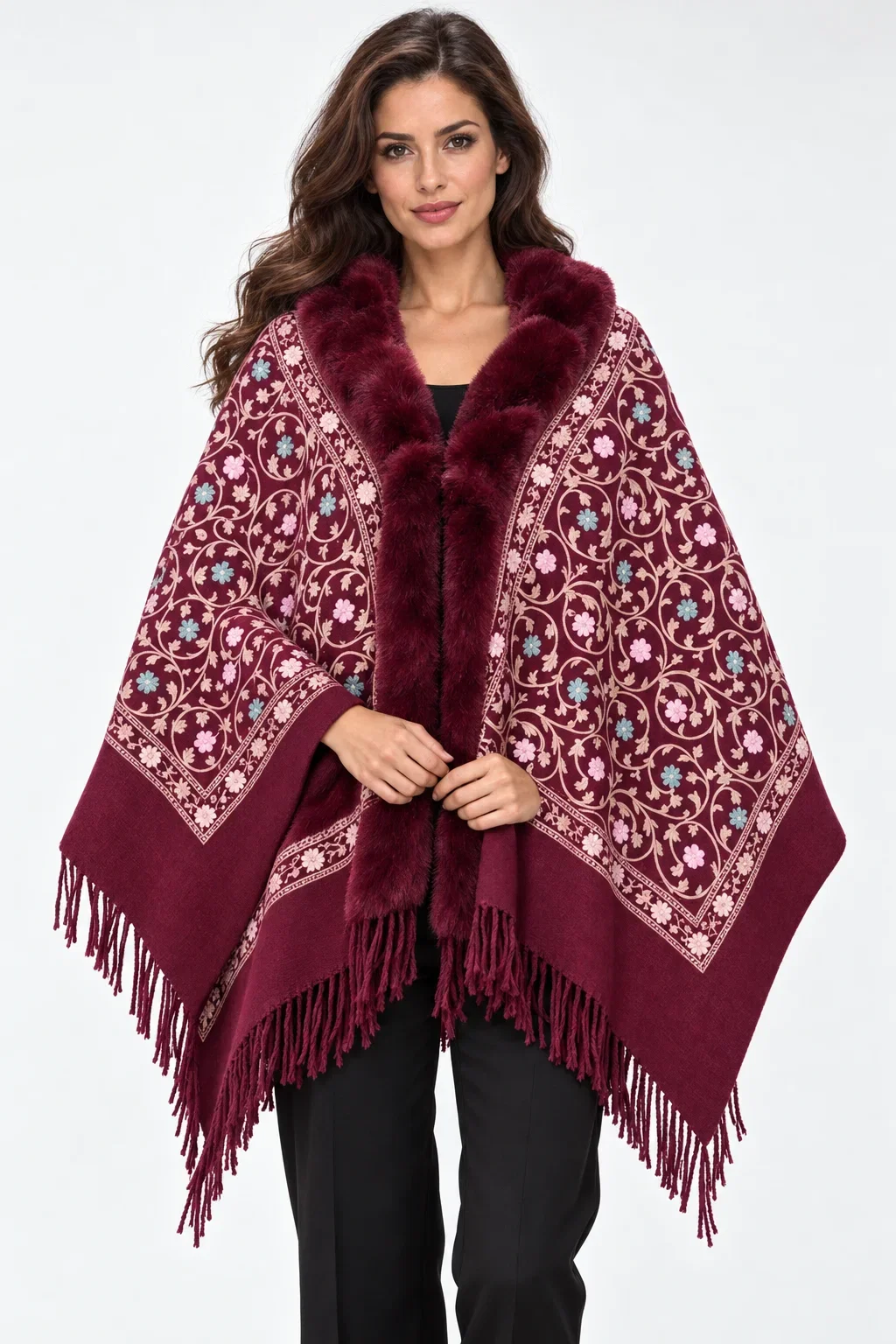 Sal elegant tip poncho cu lana, broderie florala multicolora si bordura din blanita artificiala, bordo