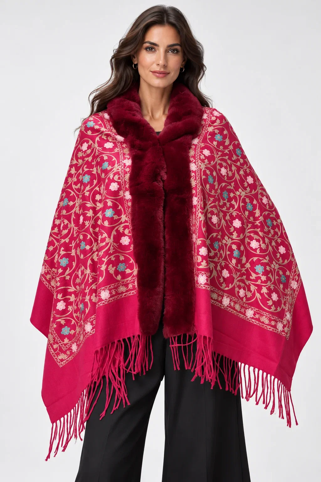 Sal elegant tip poncho cu lana, broderie florala multicolora si bordura din blanita artificiala, rosu