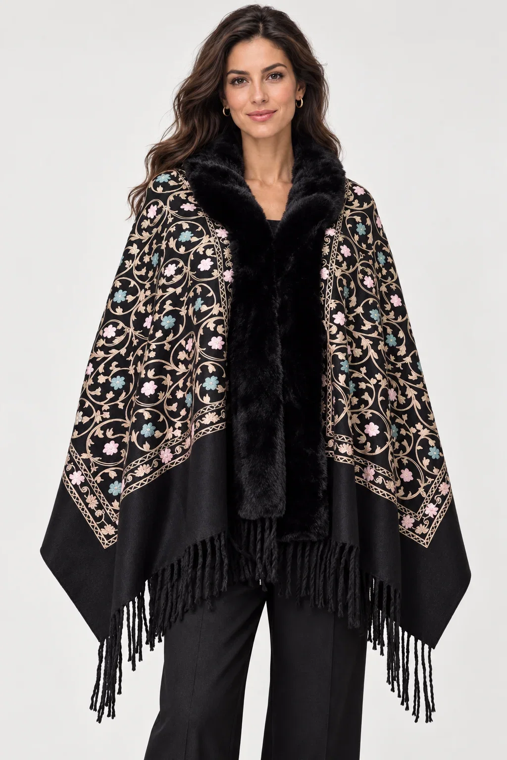 Sal elegant tip poncho cu lana, broderie florala multicolora si bordura din blanita artificiala, negru