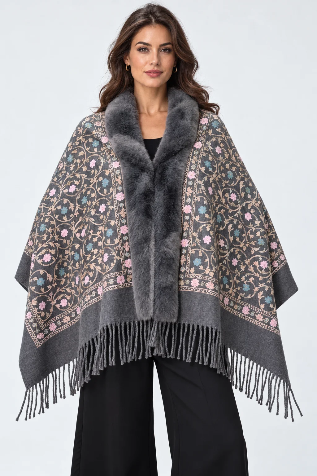 Sal elegant tip poncho cu lana, broderie florala multicolora si bordura din blanita artificiala, gri