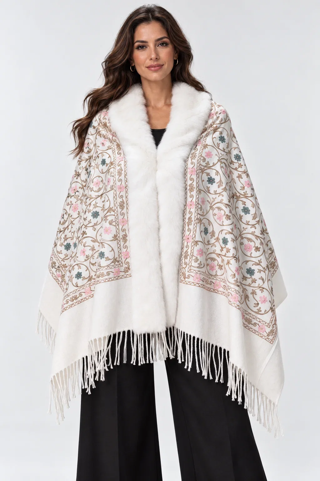 Sal elegant tip poncho cu lana, broderie florala multicolora si bordura din blanita artificiala, alb