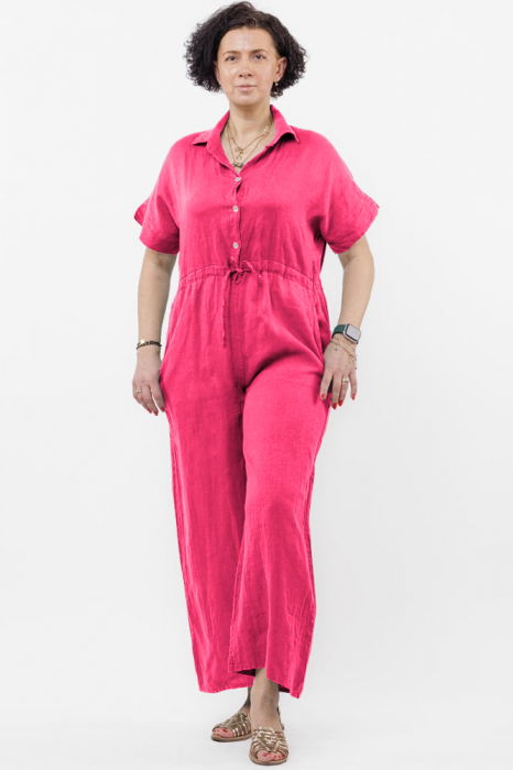 Salopeta de vara din in cu siret in talie si guler camasa, fucsia [2]