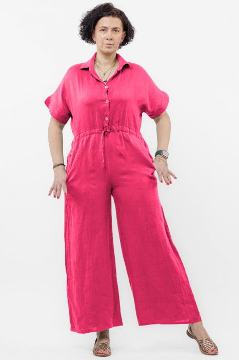 Salopeta de vara din in cu siret in talie si guler camasa, fucsia [1]