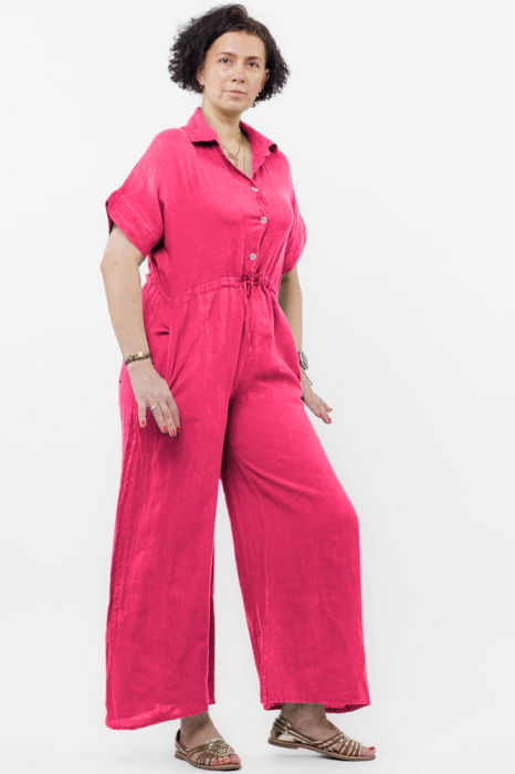 Salopeta de vara din in cu siret in talie si guler camasa, fucsia [3]